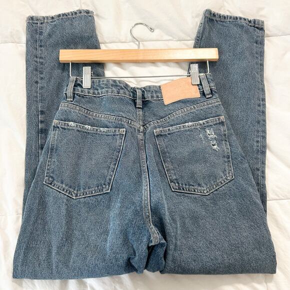 Zara Blue Distressed High Rise Mom Jeans Ripped Knees EUC Size 4 - Picture 4 of 7